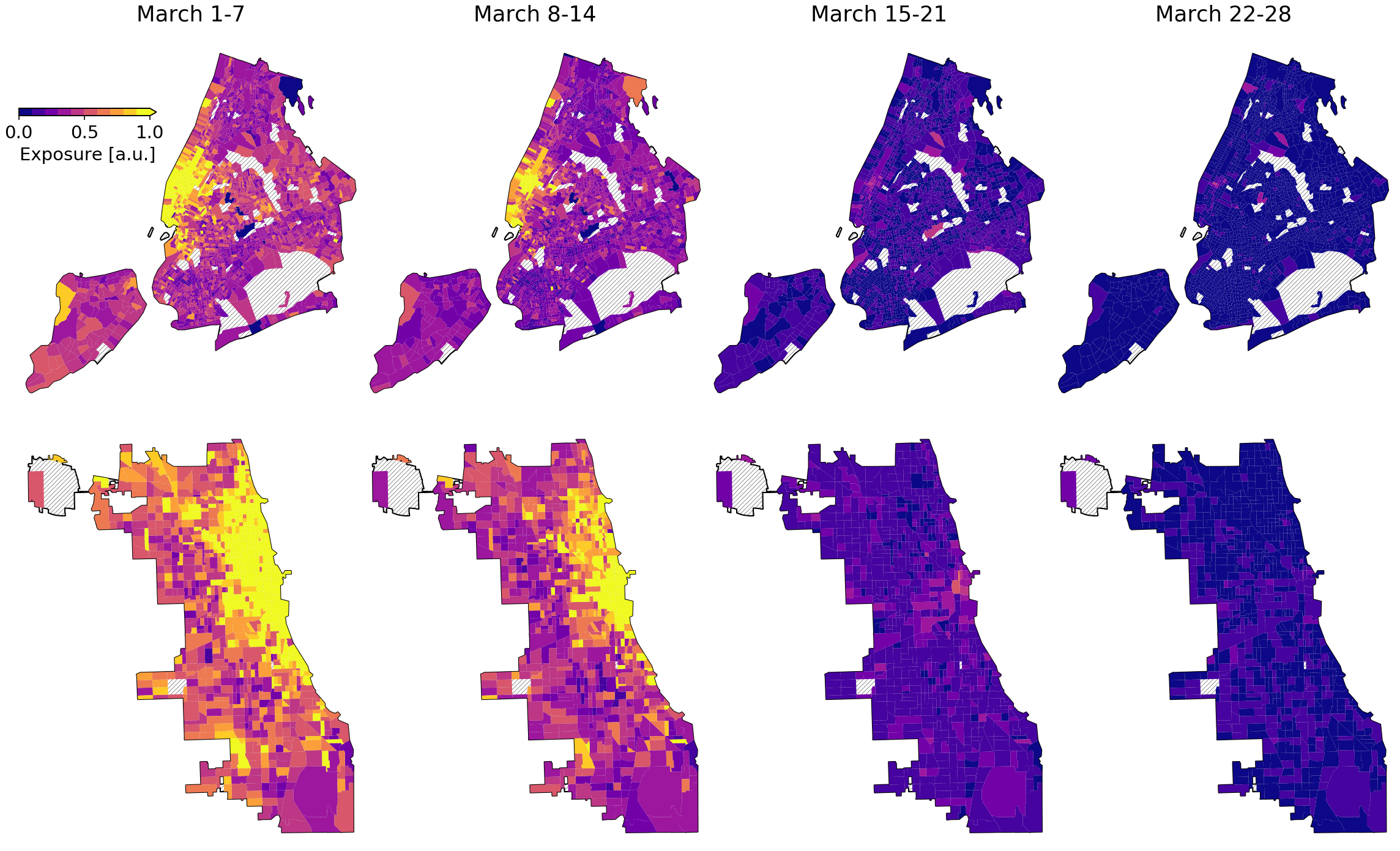Neighborhood-level activity out of home in New York City and Chicago, by week.